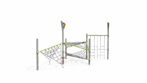 The Tianzi multi-level climbing net, a bold and dynamic rope play structure.